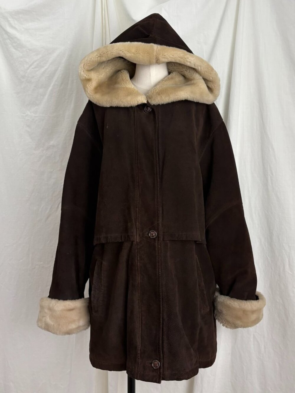 Vtg 90s MIddlebrook Park Brown Suede Leather Faux Fur Hooded Coat XL Penny Lane